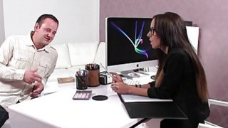 Dude licks feet to slim female agent and gets spanked Thumbnail